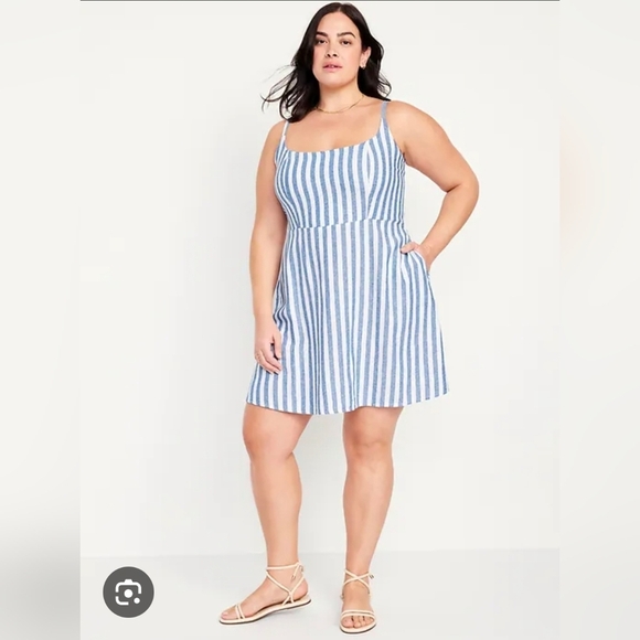 Old Navy Fit And Flare Linen Blend Striped Blue and White Mini Dress Sundress - Picture 1 of 9